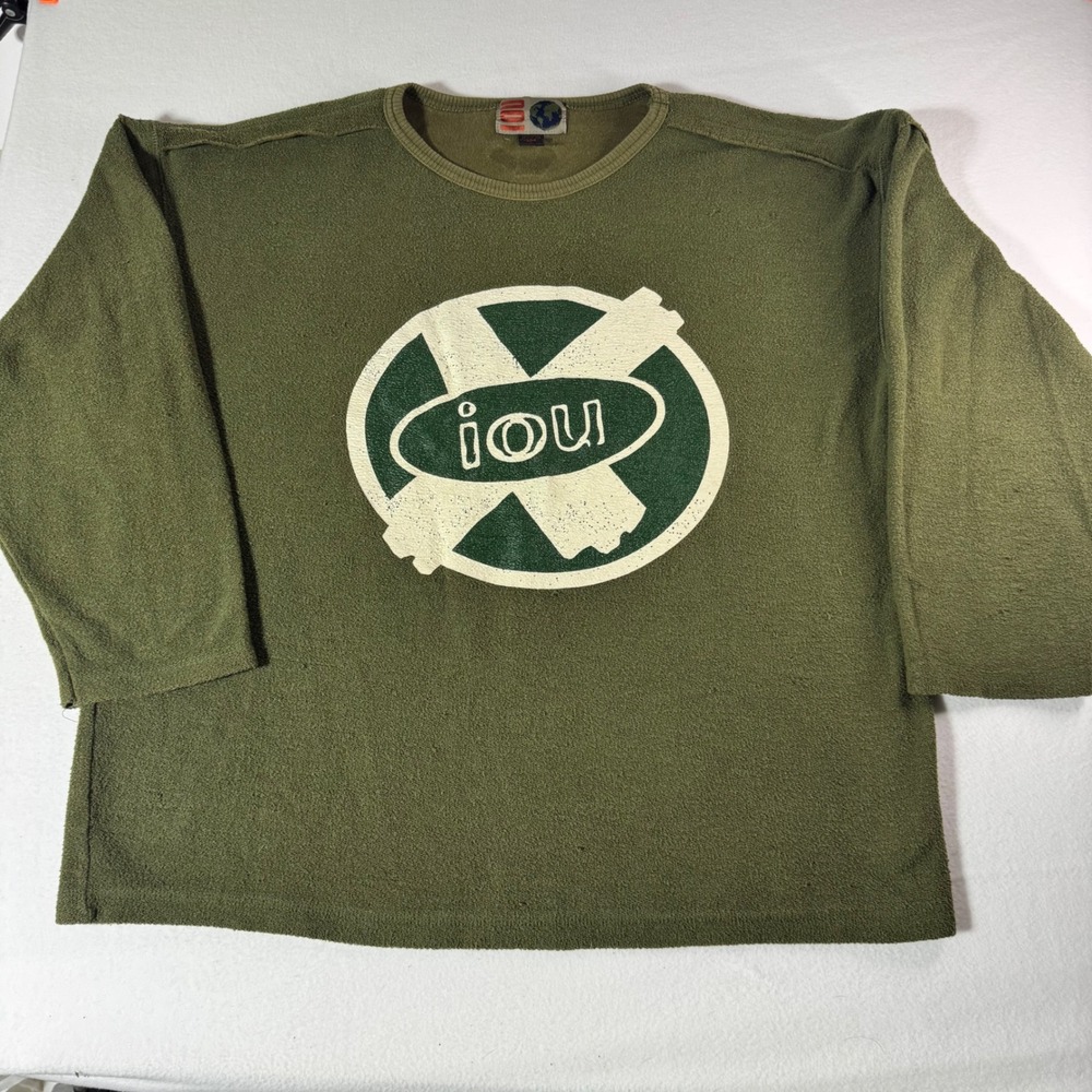 IOU Vintage Graphic Shirt Mens Large Olive Green Cotton Blend Long Sleeve Boxy
